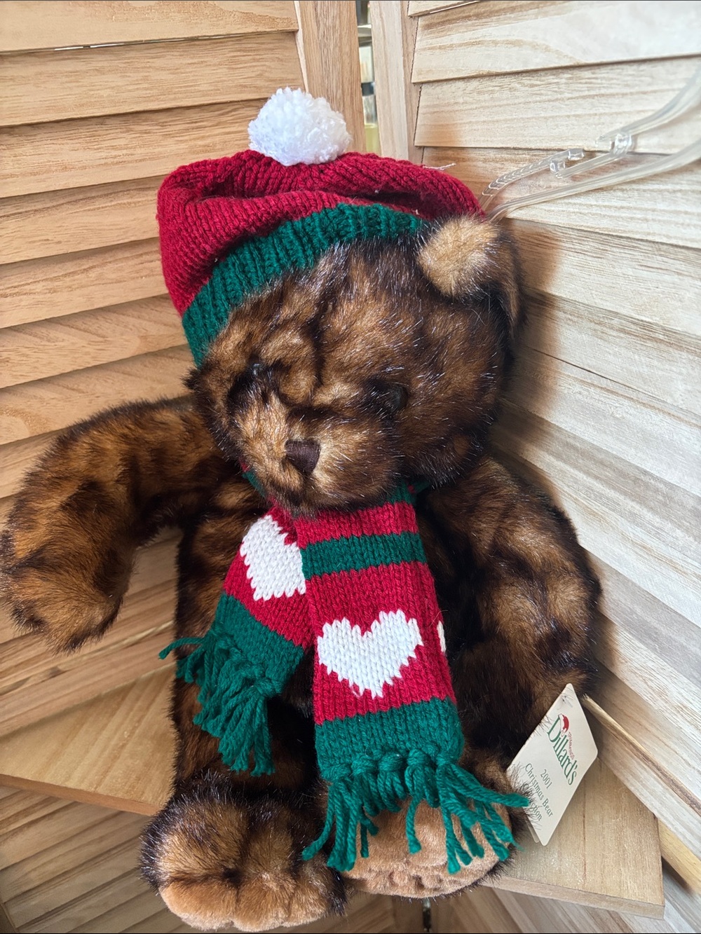 Plush Brown Bear with Red & Green Hat and Scarf Dillards 2001 Vintage